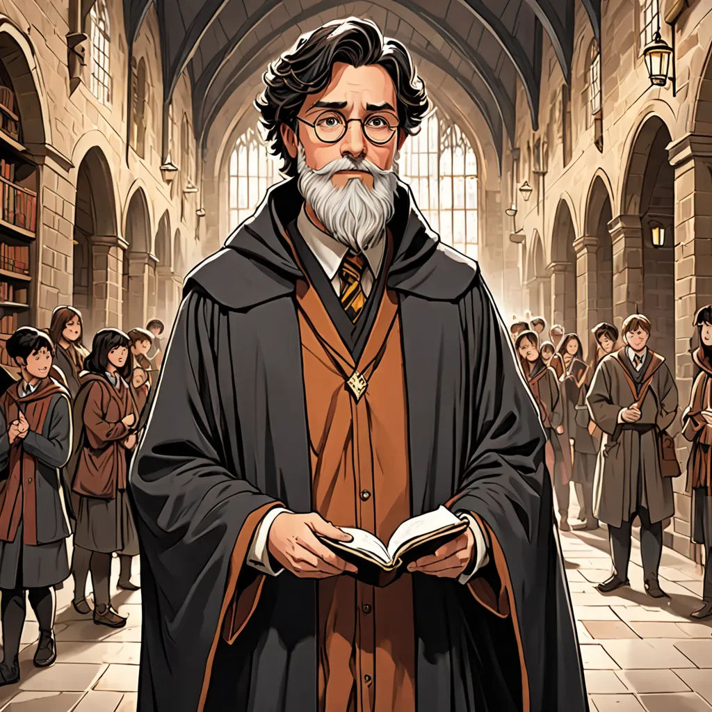 a man in a robe and glasses standing in a library with a book open in front of him and a crowd of people behind him, rayonism, a character portrait, Cedric Seaut (Keos Masons), official art