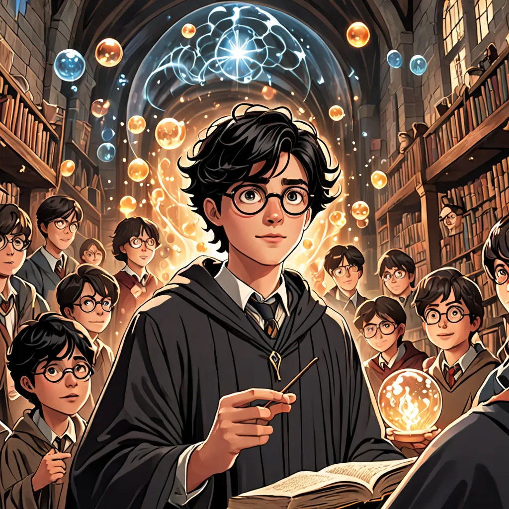 a harry potter is surrounded by his students in a library with bubbles floating from the ceiling and a glowing orb in the center, rayonism, a comic book panel, Diego Gisbert Llorens, official art