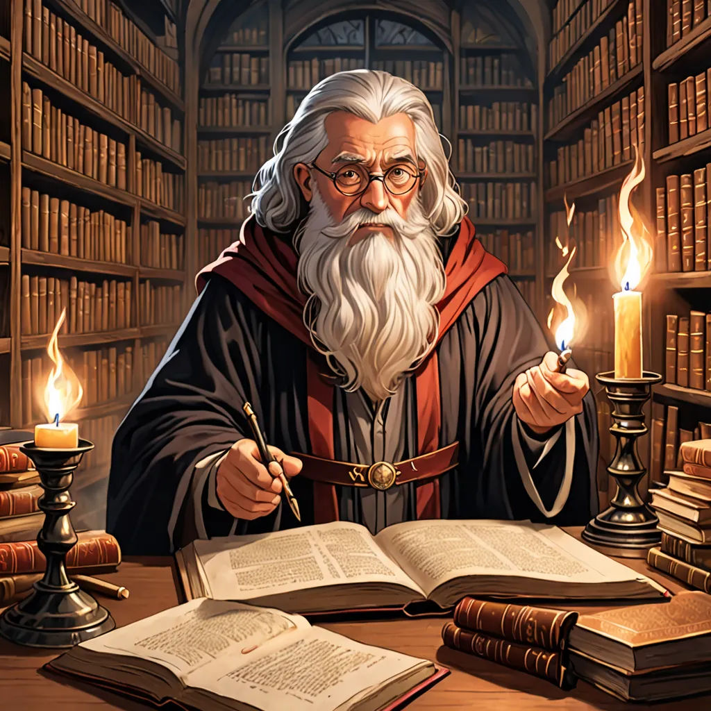 a man with a long beard and a long white beard is holding a lit candle in front of a bookcase, fantasy art, a storybook illustration, Art of Brom, epic fantasy character art