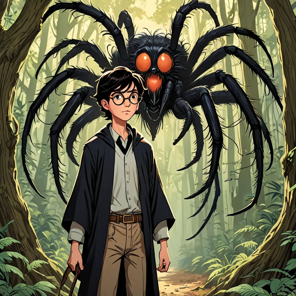 a boy in a black coat and glasses standing in front of a giant spider with two red balls on his head, sots art, poster art, Cliff Childs, comic cover art