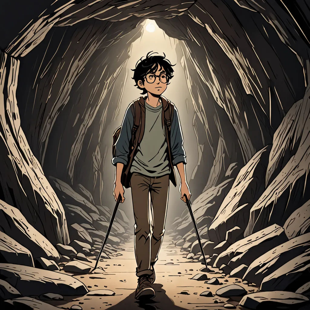 a man with a backpack and skis walking through a cave with a light on his head and a backpack on his back, symbolism, poster art, Everett Warner, official art