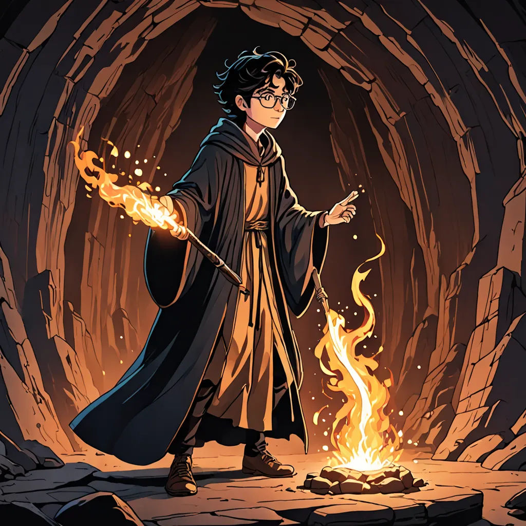 a man in a robe and glasses holding a wand in a cave with fire coming out of it and a fire coming out of the ground, sots art, concept art, Diego Gisbert Llorens, official art