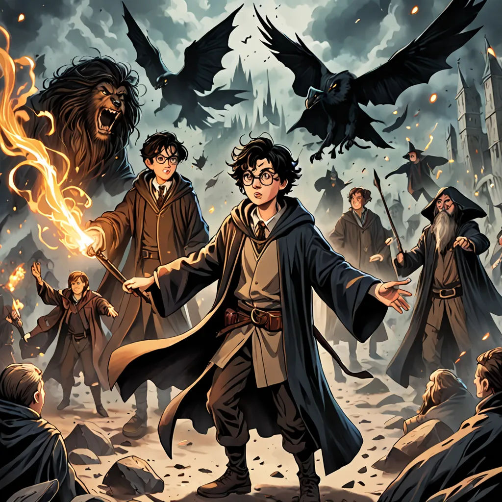 a group of people with a bunch of harry potter characters in front of them with a fire in their hand, fantasy art, a comic book panel, Diego Gisbert Llorens, comic cover art