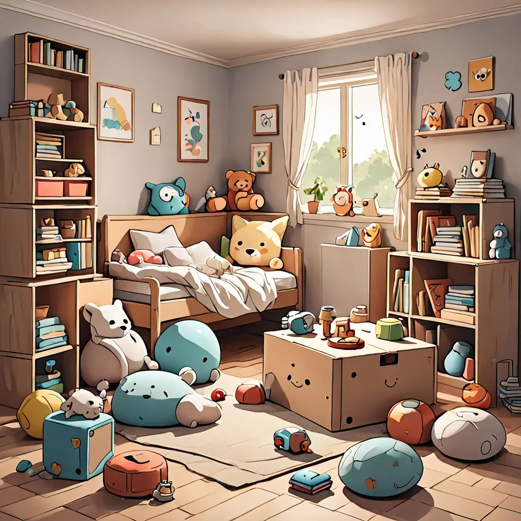 a room with a bed, bookshelf, and toys on the floor and a window with a view, photorealism, a detailed painting, Chris LaBrooy, rossdraws global illumination