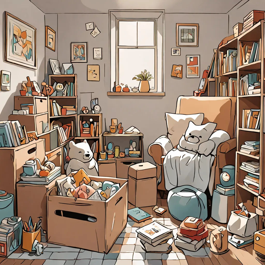 a room with a teddy bear sitting in a chair and a box of toys in the floor next to a window, furry art, a storybook illustration, Atey Ghailan, storybook illustration