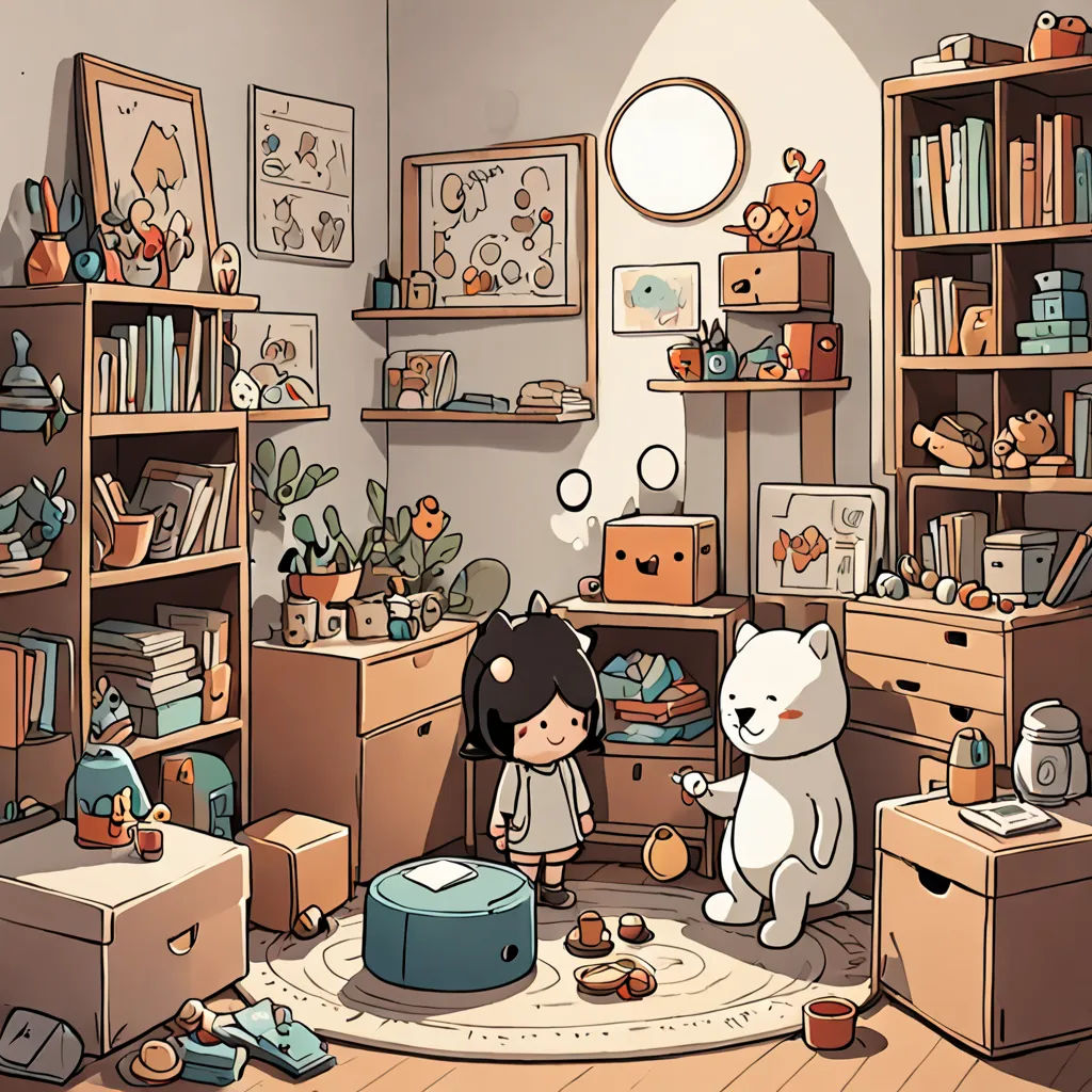 a cartoon of a girl and a cat in a room with a lot of boxes and boxes on the floor, context art, a storybook illustration, Diego Gisbert Llorens, rossdraws global illumination