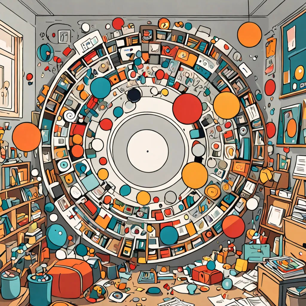 a room with a large circular object in the middle of it and lots of objects scattered around it on the floor, les automatistes, a storybook illustration, Chris Ware, detailed illustration
