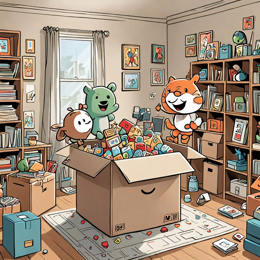 a cartoon of a box filled with toys and stuffed animals in a room with a bookcase and a window, postminimalism, a storybook illustration, Asaf Hanuka, 2 d game art