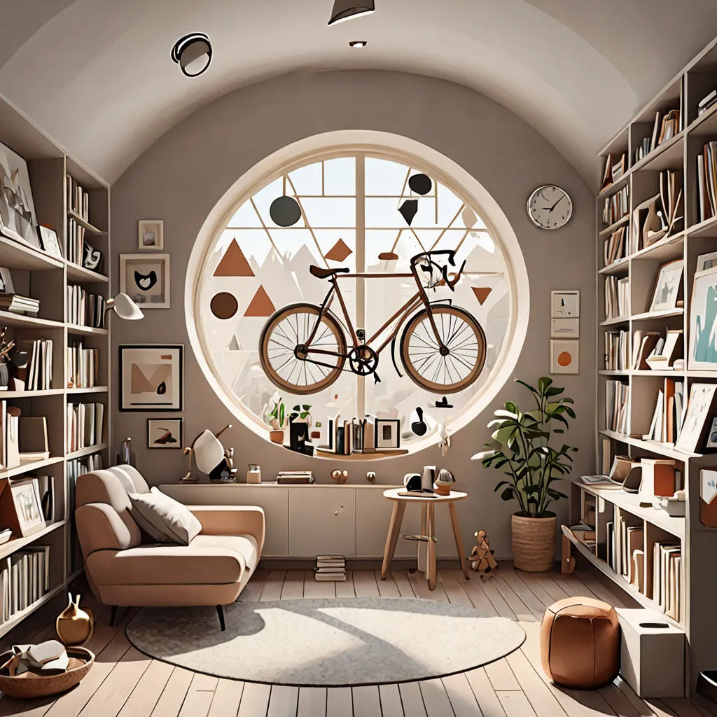 a living room with a large circular window and a bike mounted to the wall in the center of the room, photorealism, a 3D render, Chris LaBrooy, unreal render
