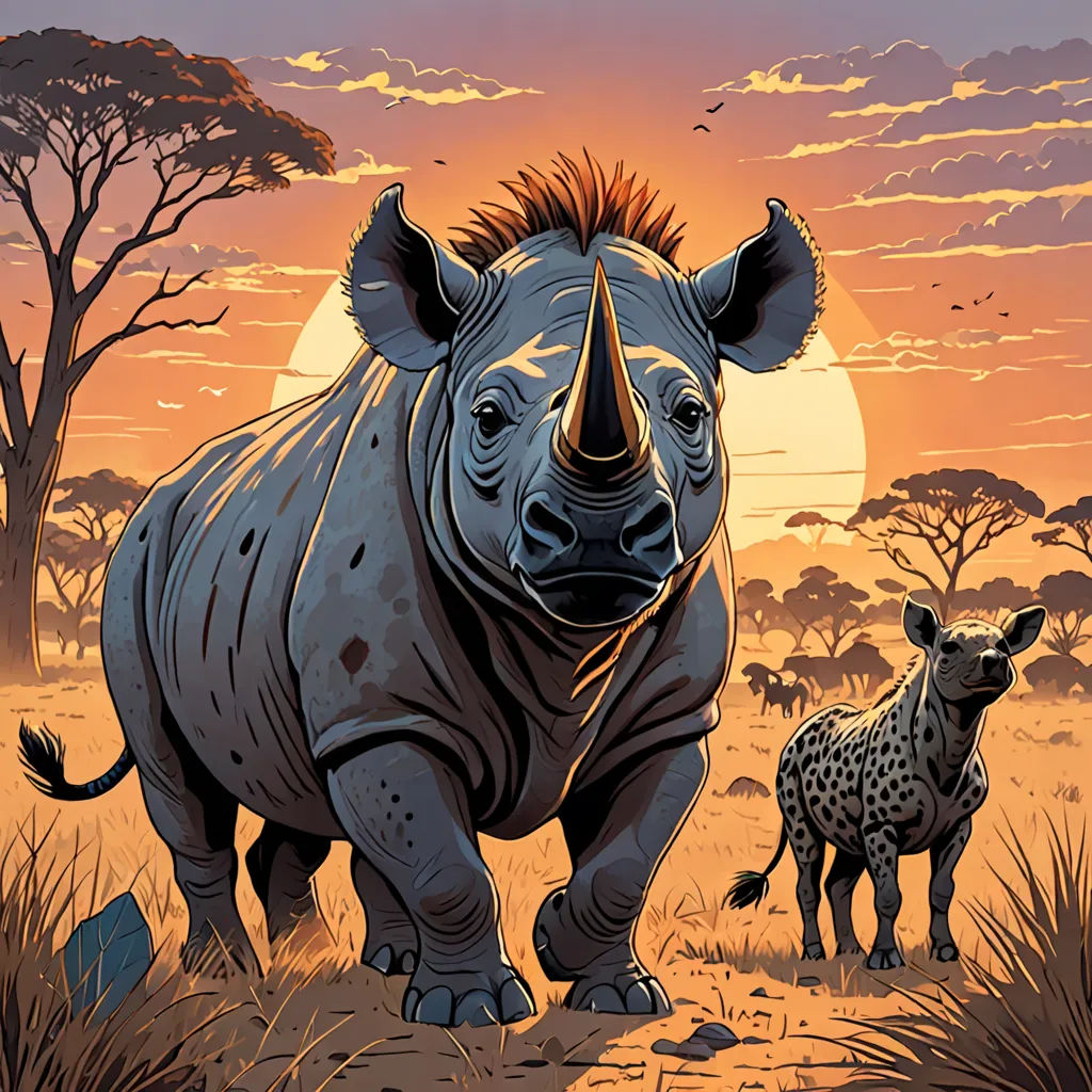 a rhino and a baby rhino standing in a field at sunset with a sun setting behind them and a couple of trees, primitivism, a storybook illustration, Dan Mumford, josan gonzales and dan mumford