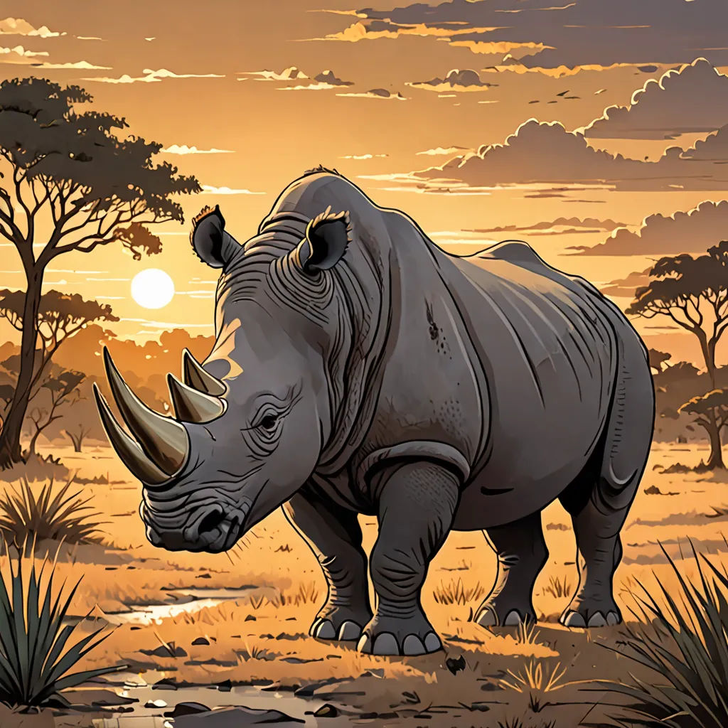 a rhinoceros standing in a field at sunset with trees in the background and a sun setting behind it, sumatraism, an illustration of, Cyril Rolando, official art