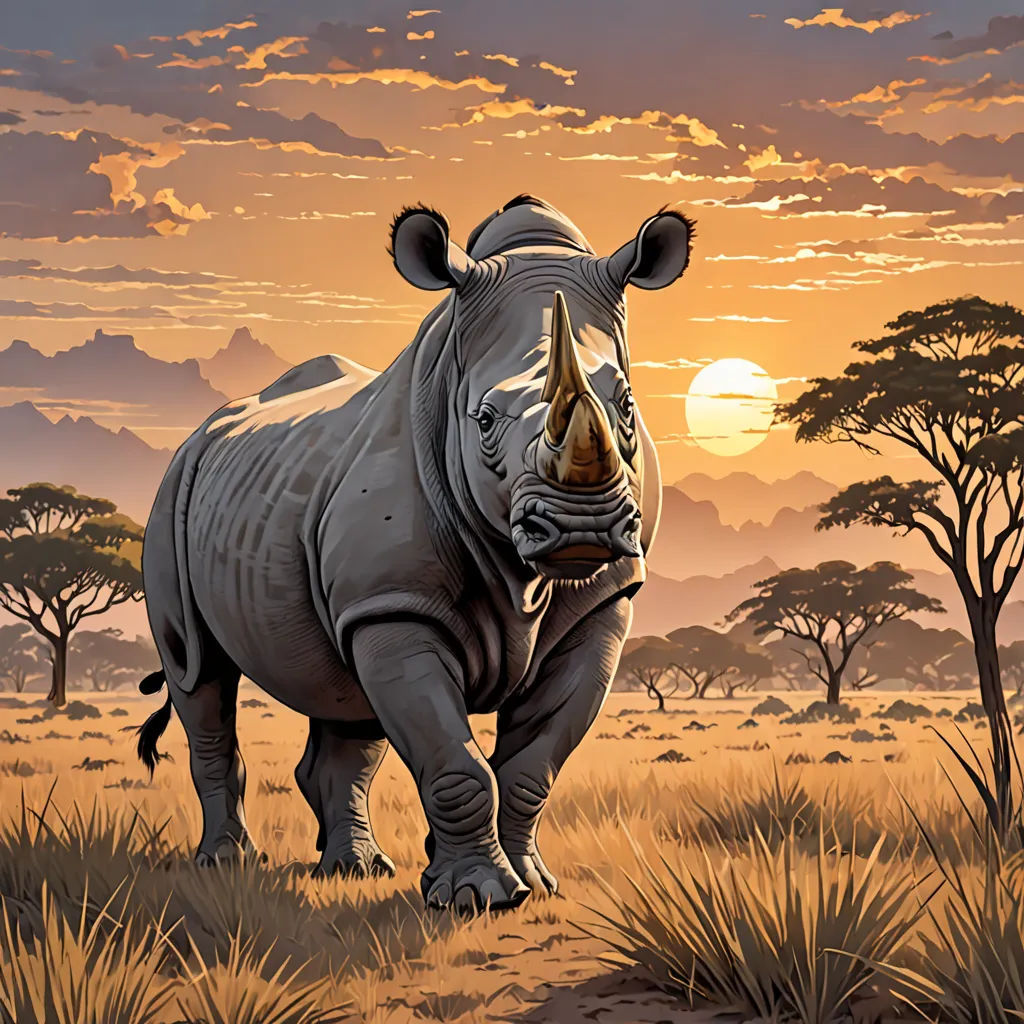 a rhinoceros standing in a field with a sunset in the background and trees in the foreground, fantastic realism, an airbrush painting, Chris LaBrooy, highly detailed digital painting