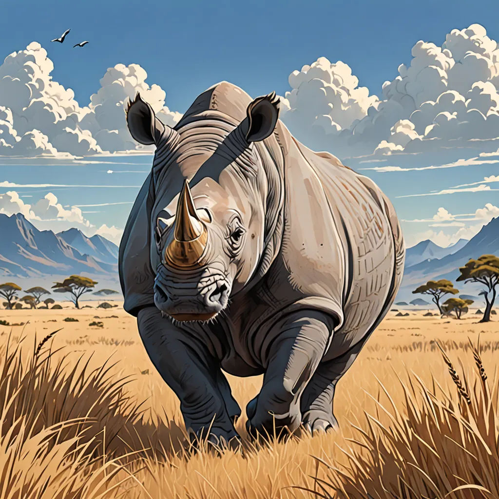 a rhino is walking through a field of tall grass with a bird flying in the background and a mountain range in the distance, fantastic realism, an ultrafine detailed painting, Chris LaBrooy, highly detailed digital painting
