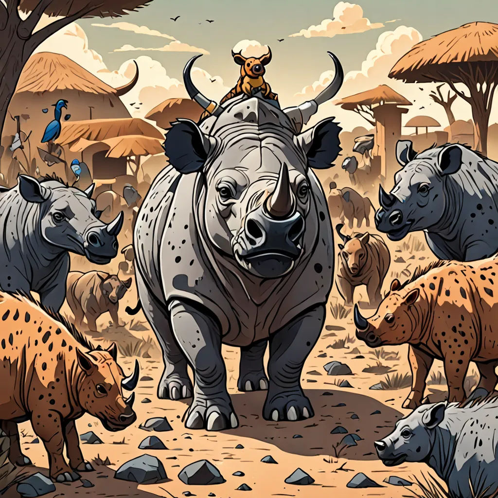 a rhinoceros and other animals are in a desert scene with a bird on top of a rhinoceros, primitivism, a storybook illustration, Chris LaBrooy, detailed illustration