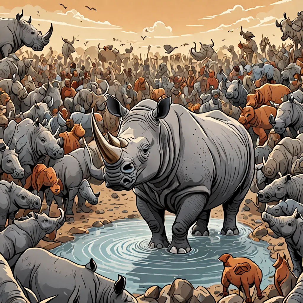 a painting of a rhinoceros and other animals in a watering hole with a sky background and a few birds, naturalism, a storybook illustration, Cyril Rolando, detailed illustration