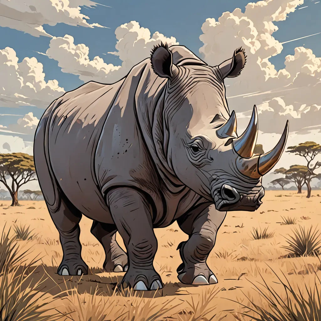 a rhino standing in a field with trees in the background and clouds in the sky above it, with a blue sky with white clouds, sumatraism, an illustration of, Chris LaBrooy, laurie greasley