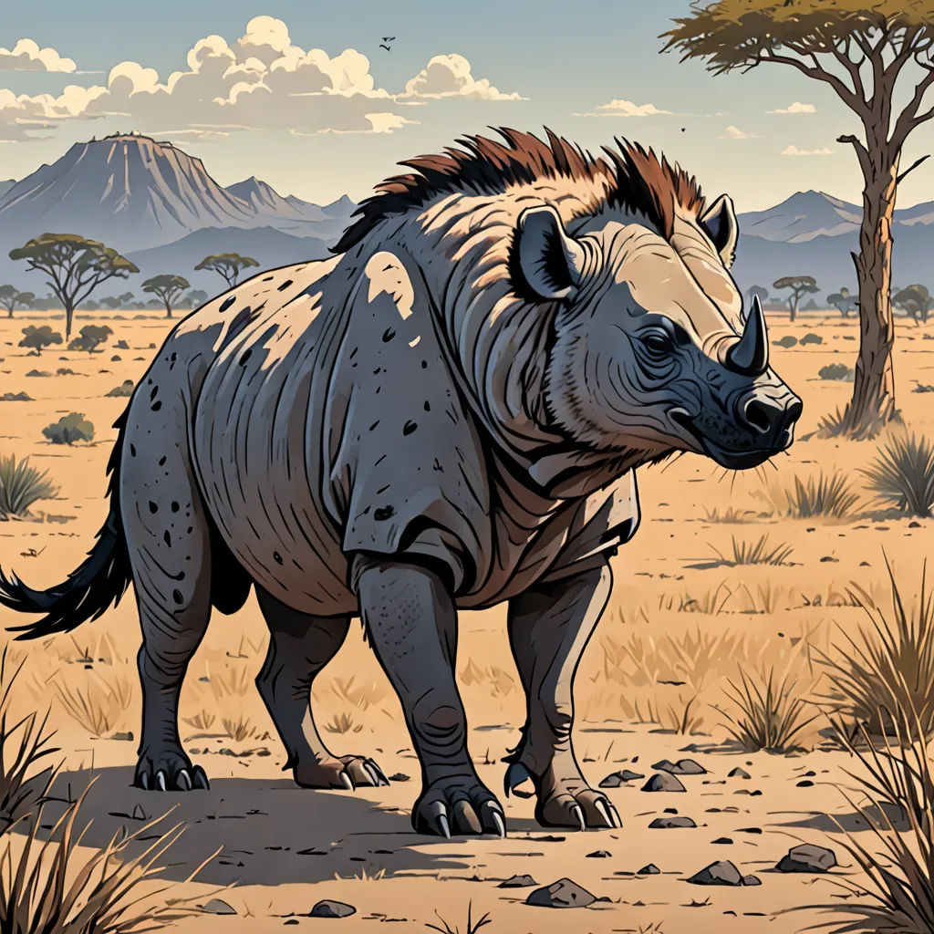 a drawing of a rhino standing in a desert area with mountains in the background and trees in the foreground, primitivism, an illustration of, Chris LaBrooy, laurie greasley