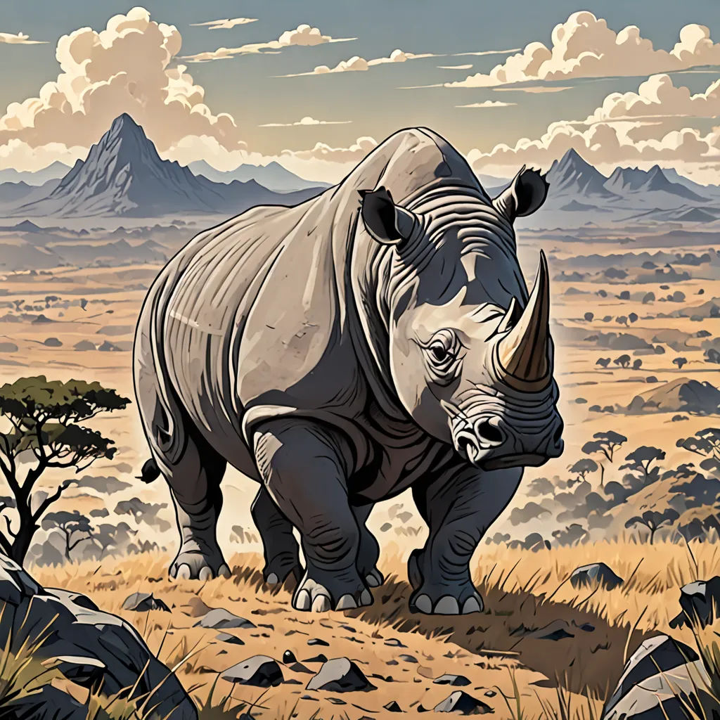 a rhinoceros is walking in a field with mountains in the background and clouds in the sky above, fantastic realism, a storybook illustration, Chris LaBrooy, detailed illustration