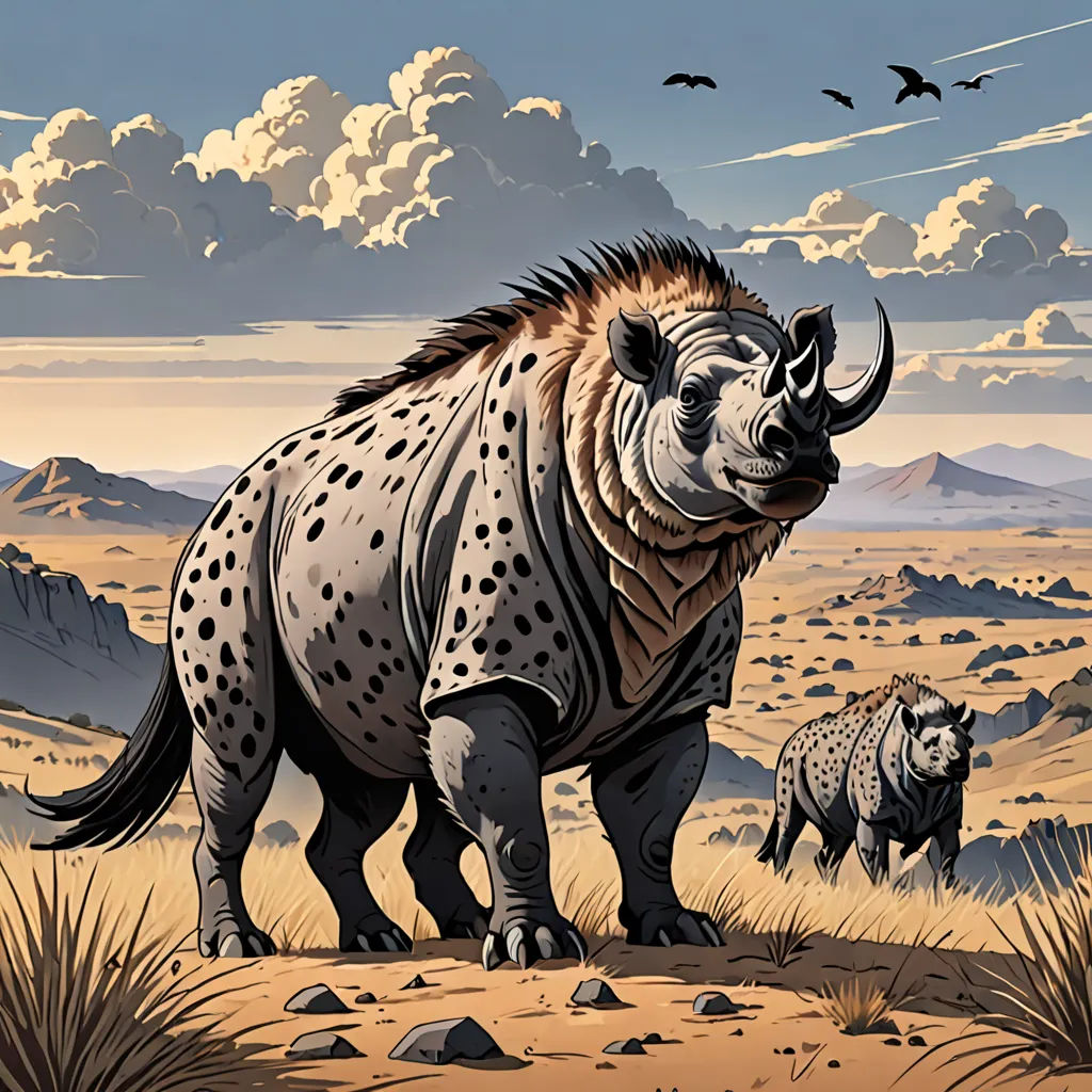 a painting of a rhino and a baby rhino in the desert with birds flying overhead and a sky with clouds, fantastic realism, an illustration of, Chris LaBrooy, walton ford