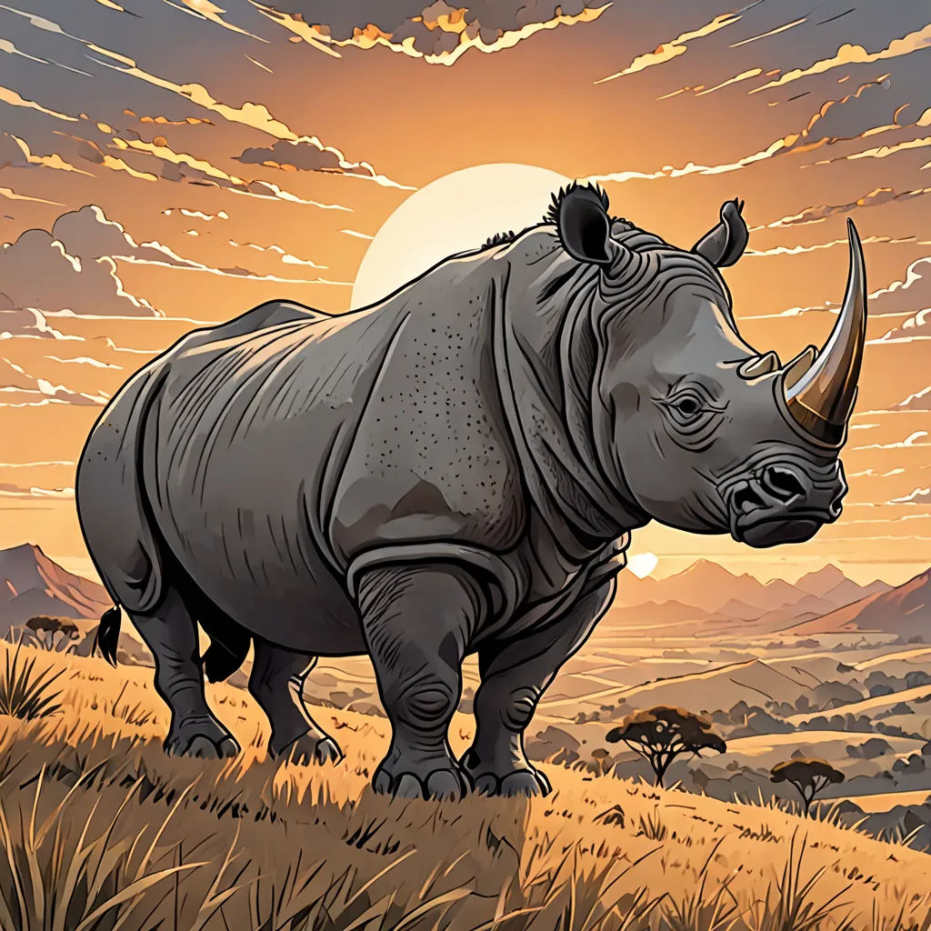 a rhino standing on a hill with a sunset in the background and clouds in the sky above it,, sumatraism, an illustration of, Dan Mumford, josan gonzales and dan mumford