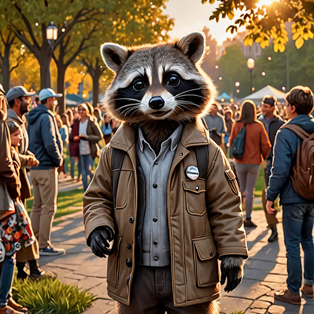 a man dressed as a raccoon standing in front of a crowd of people on a sidewalk with trees, photorealism, a photorealistic painting, Chris LaBrooy, ultra realistic digital art