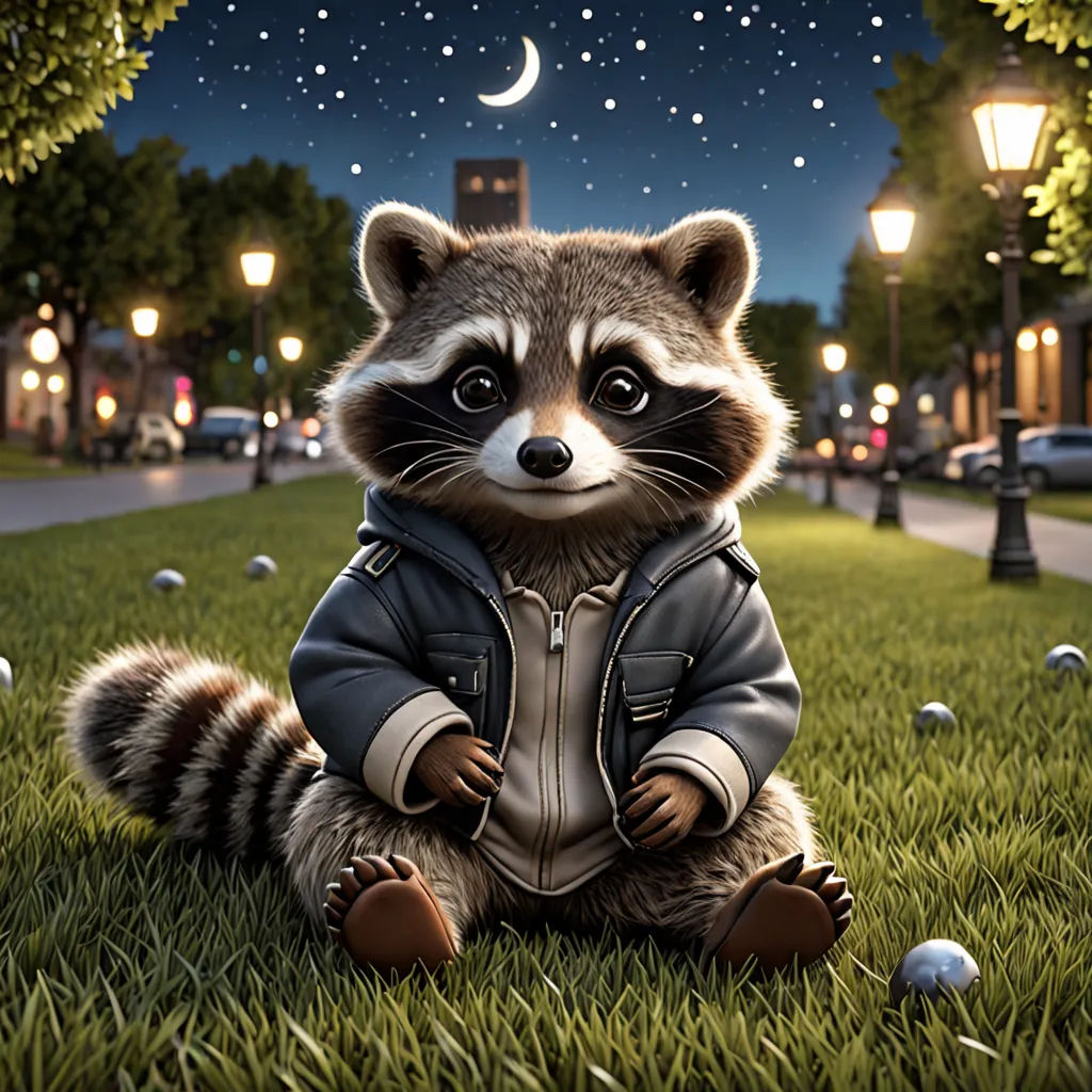 a raccoon dressed in a jacket sitting in the grass with a full moon in the background and a street light in the distance, photorealism, a storybook illustration, Chris LaBrooy, cgstudio