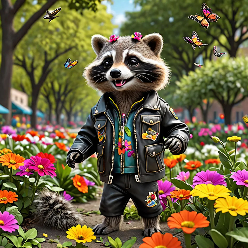 a painting of a raccoon in a leather jacket in a field of flowers and butterflies with a hedge, furry art, a character portrait, Chris LaBrooy, ultra realistic digital art