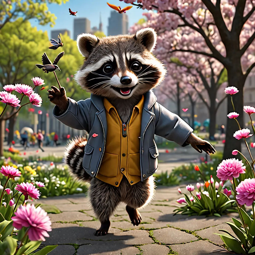 a raccoon is walking through a park with flowers and butterflies in its hand and a jacket on, furry art, a digital rendering, Chris LaBrooy, ultra realistic digital art