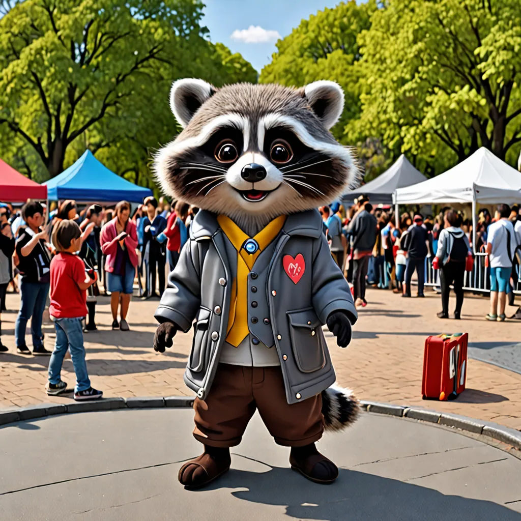 a raccoon mascot standing in front of a crowd of people in a park area with tents and tents, viennese actionism, a character portrait, Chris LaBrooy, promotional image