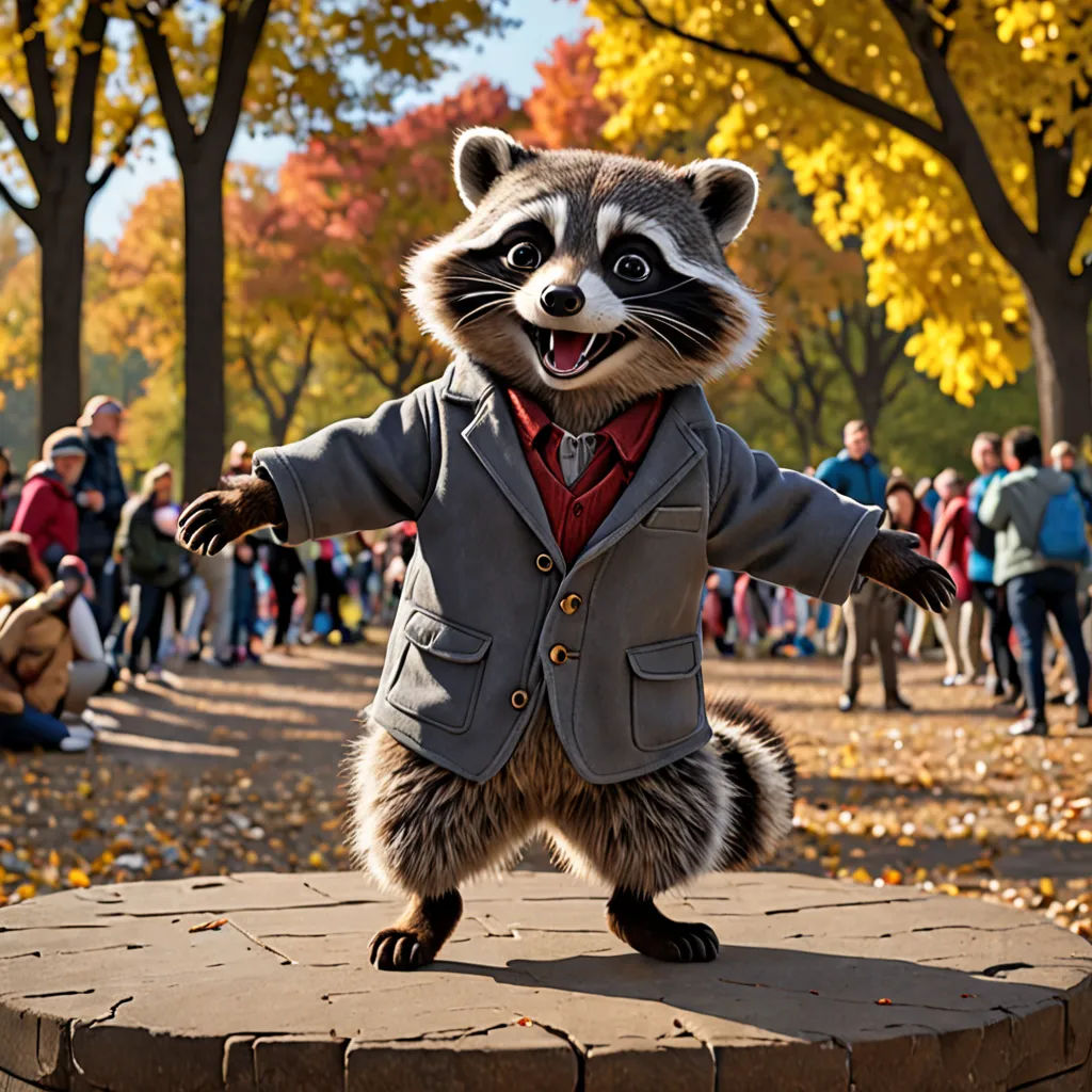 a raccoon dressed in a suit and tie standing on a brick platform in front of a crowd of people, furry art, a 3D render, Chris LaBrooy, unreal engine 5 quality render