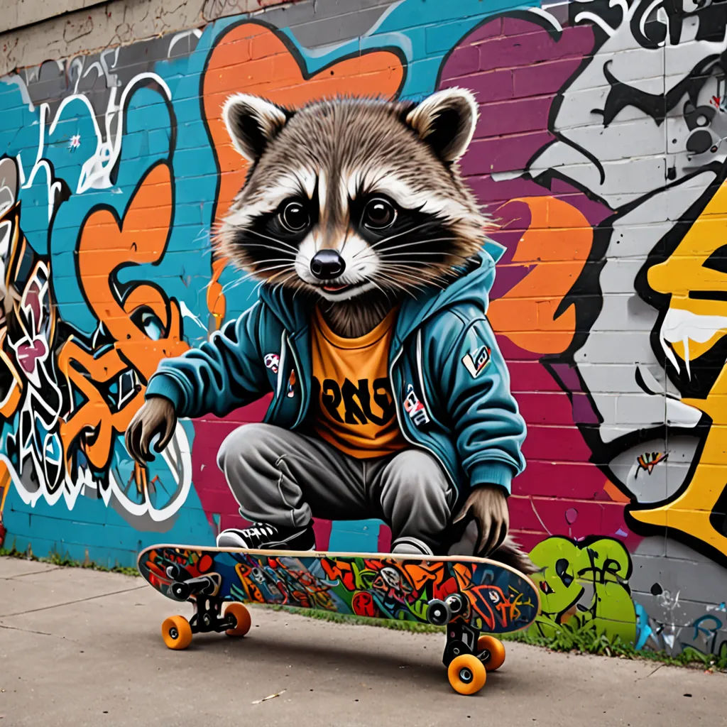 a raccoon is sitting on a skateboard in front of a wall with graffiti on it and a person in a sweatshirt, graffiti, graffiti art, Chris LaBrooy, graffiti paint