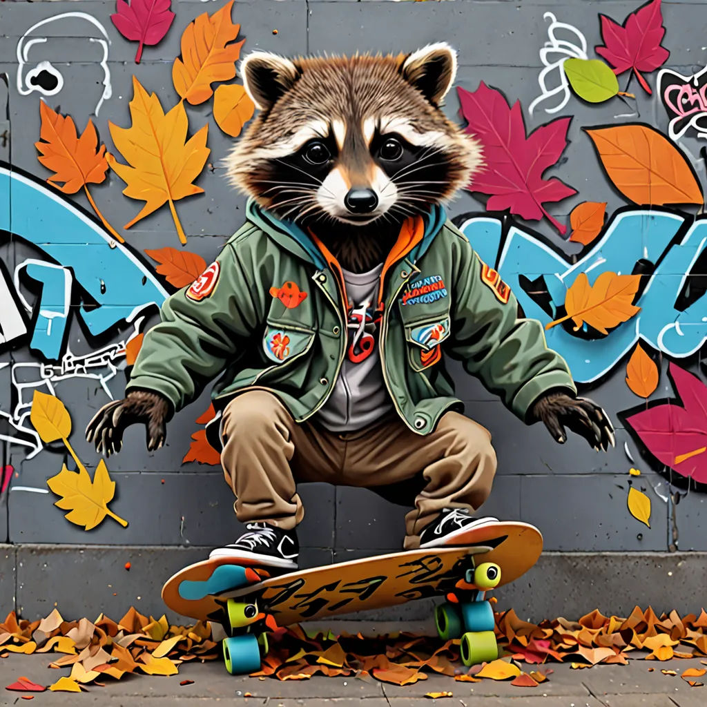 a raccoon is on a skateboard in front of a wall with leaves on it and a mural of a man on it, graffiti, graffiti art, Chris LaBrooy, graffiti paint