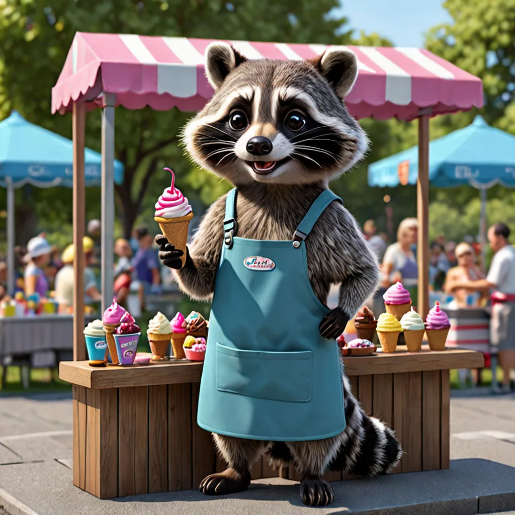 a raccoon is standing in front of a stand with ice cream cones and a cupcake in it, photorealism, a 3D render, Chris LaBrooy, unreal engine 5 quality render