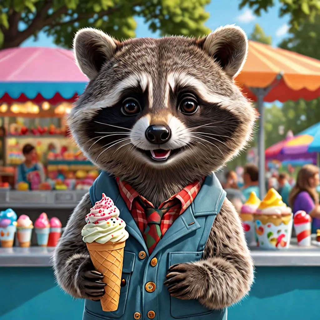 a raccoon is holding an ice cream cone in his hand and wearing a suit and tie and standing in front of a carnival, furry art, a character portrait, Chris LaBrooy, promotional image