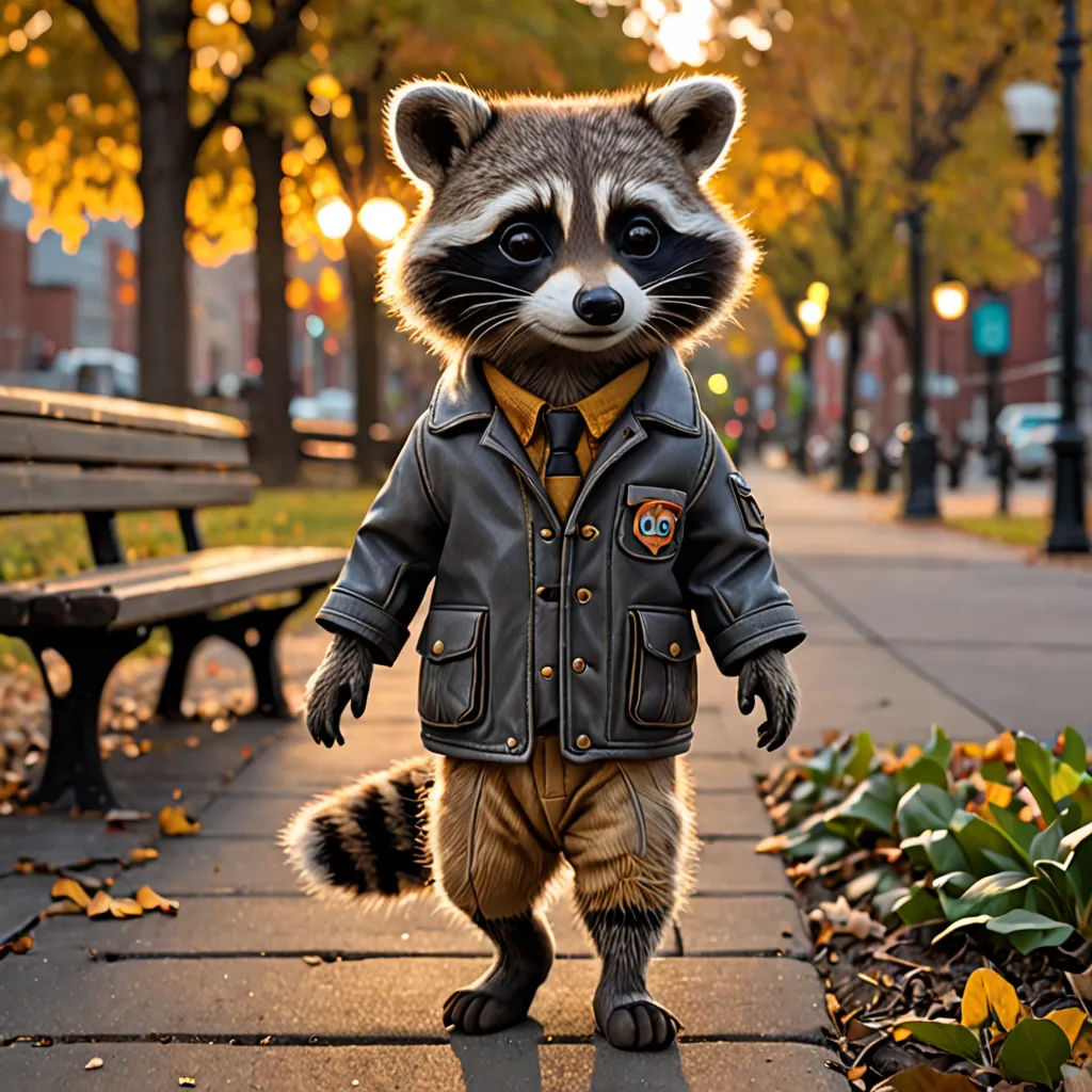 a raccoon dressed in a leather jacket and tie walking down a sidewalk next to a park bench, photorealism, a photorealistic painting, Chris LaBrooy, ultra realistic digital art