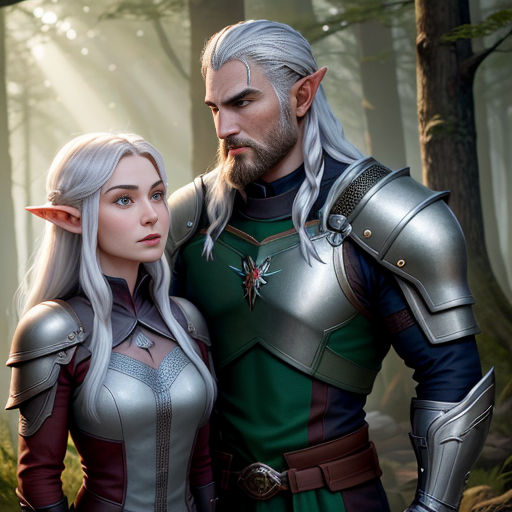 a man and woman dressed in costumes standing in the woods together, with the man wearing a helmet and the woman wearing a green dress