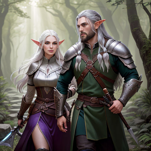 a man and woman dressed in medieval costumes in a forest with a sword and a sword in hand, standing next to each other