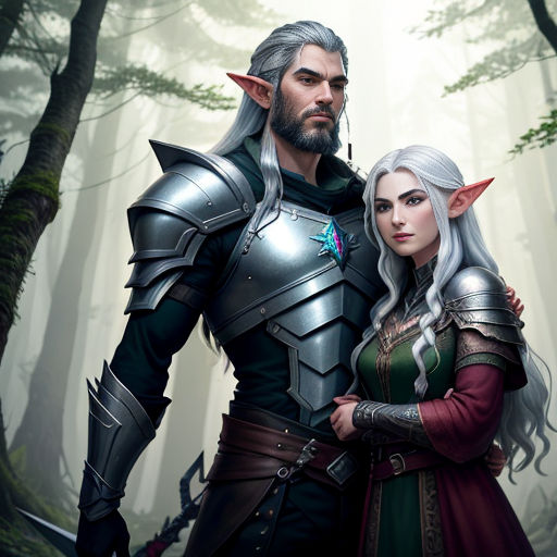a man and woman in armor standing in the woods together, with trees in the background and fog in the air