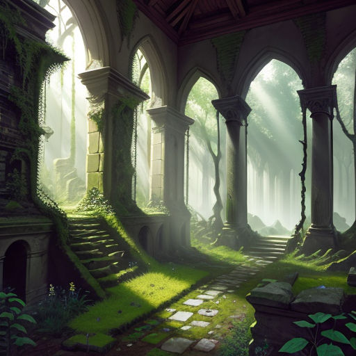 a fantasy scene with a staircase and a stone floor in a forest with green plants and trees and a stone walkway
