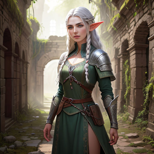 a woman in a green dress and a elf with a sword in a tunnel of ruins with ivy growing on the walls
