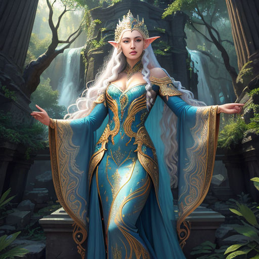 a woman dressed in a blue and gold costume standing in a forest with a waterfall behind her and a waterfall behind her