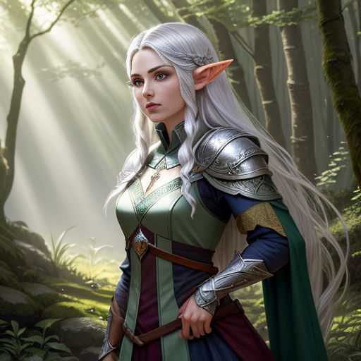 a woman in a green and blue dress standing in a forest with a sword in her hand and a light shining through the trees