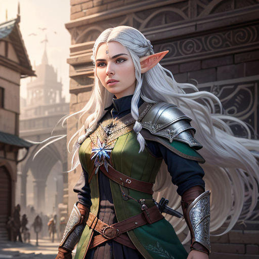 a woman in a green and black outfit standing in front of a building with a white hair and a green and black outfit