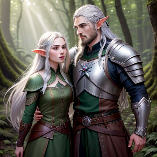 a couple of people standing in a forest together with a sword and shield on their shoulders and a sword in their hand