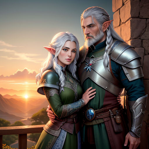 a man and woman dressed in medieval costumes standing next to each other on a balcony overlooking a mountain range