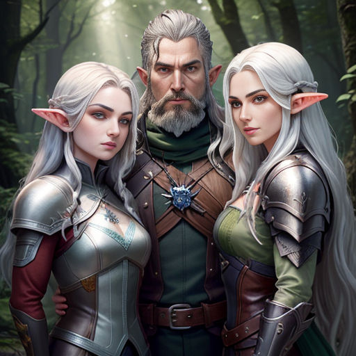 a couple of people standing next to each other in a forest with trees and bushes behind them, with a man in a suit of armor