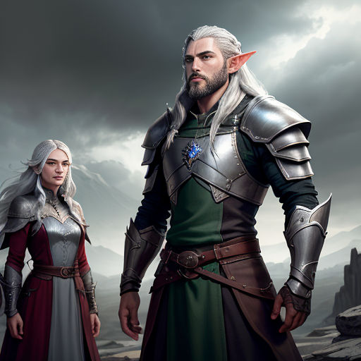 a man and a woman dressed in medieval clothing standing next to each other in front of a dark sky