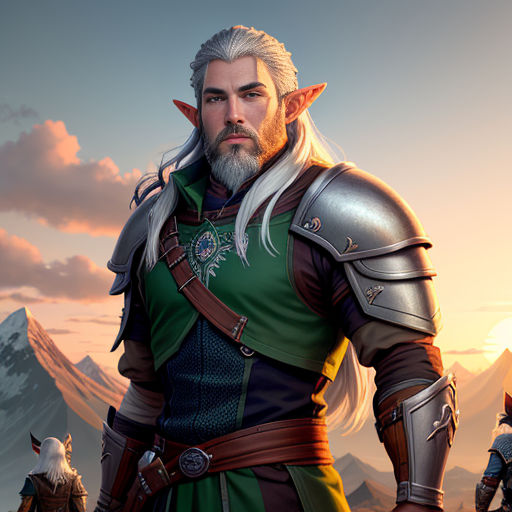 a man in a green and black outfit standing in front of a mountain range with a sky background and clouds