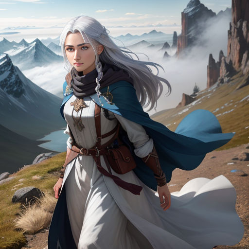 a woman in a white dress and a blue cape is walking on a mountain side with a mountain range in the background