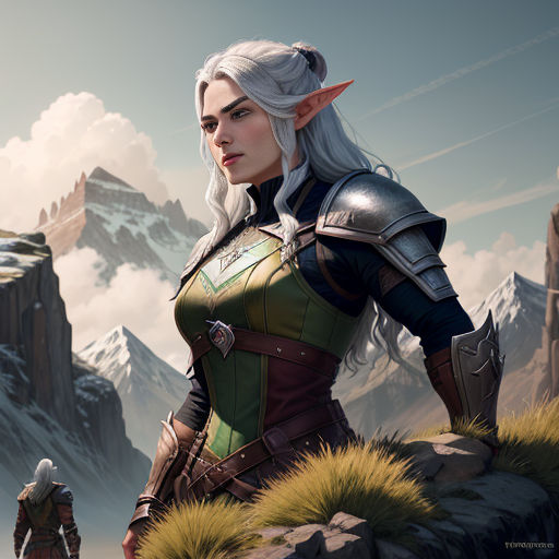 a woman in a green and black outfit standing on a mountain with a mountain range in the background and a sky with clouds